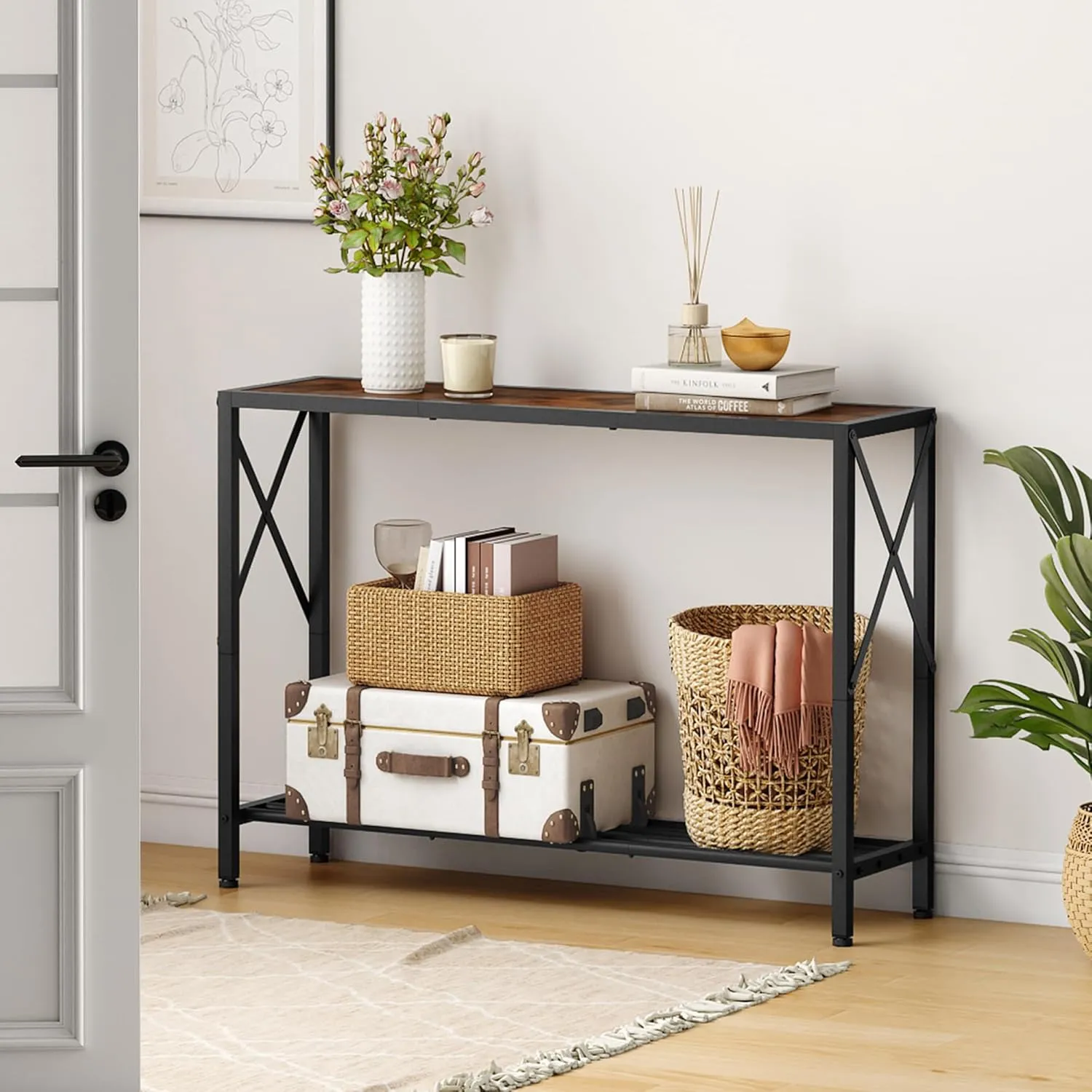 Tajsoon Console Table, 2-Tier Industrial entryway Table, 41.8”L Narrow Sofa Table with Shelves, Entrance Table for Entryway, Hallway, Living Room, Foyer, Corridor, Office, Rustic Brown