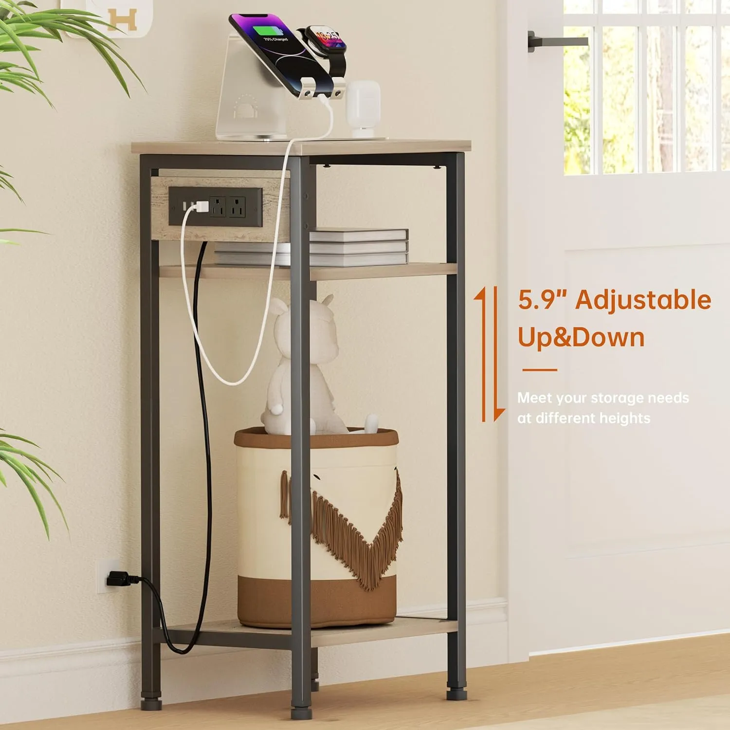 Tall End Table with Charging Station, 3 Tier Narrow Beside Table with Adjustable Shelf, Tall Side Table Nightstand for Bedroom, Living Room Coffe Table, Office, Greige