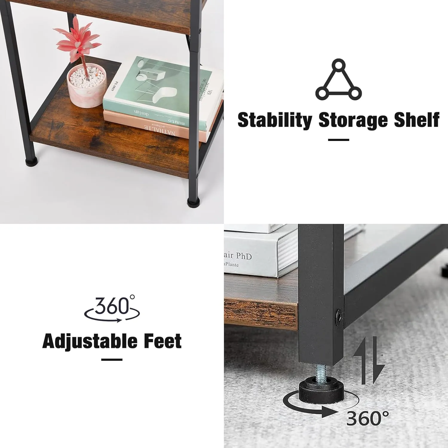 Tall End Table with Charging Station, 3 Tier Narrow Tall Nightstand with Storage, Slim Side Table with USB Ports and Outlets for Bedroom, Living Room, Office, Rustic Brown and Black