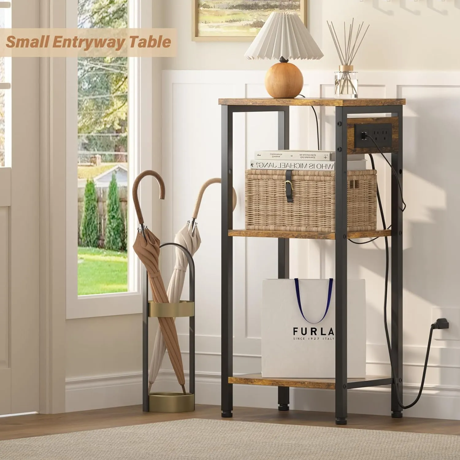 Tall End Table with Charging Station, 3 Tier Narrow Tall Nightstand with Storage, Slim Side Table with USB Ports and Outlets for Bedroom, Living Room, Office, Rustic Brown and Black