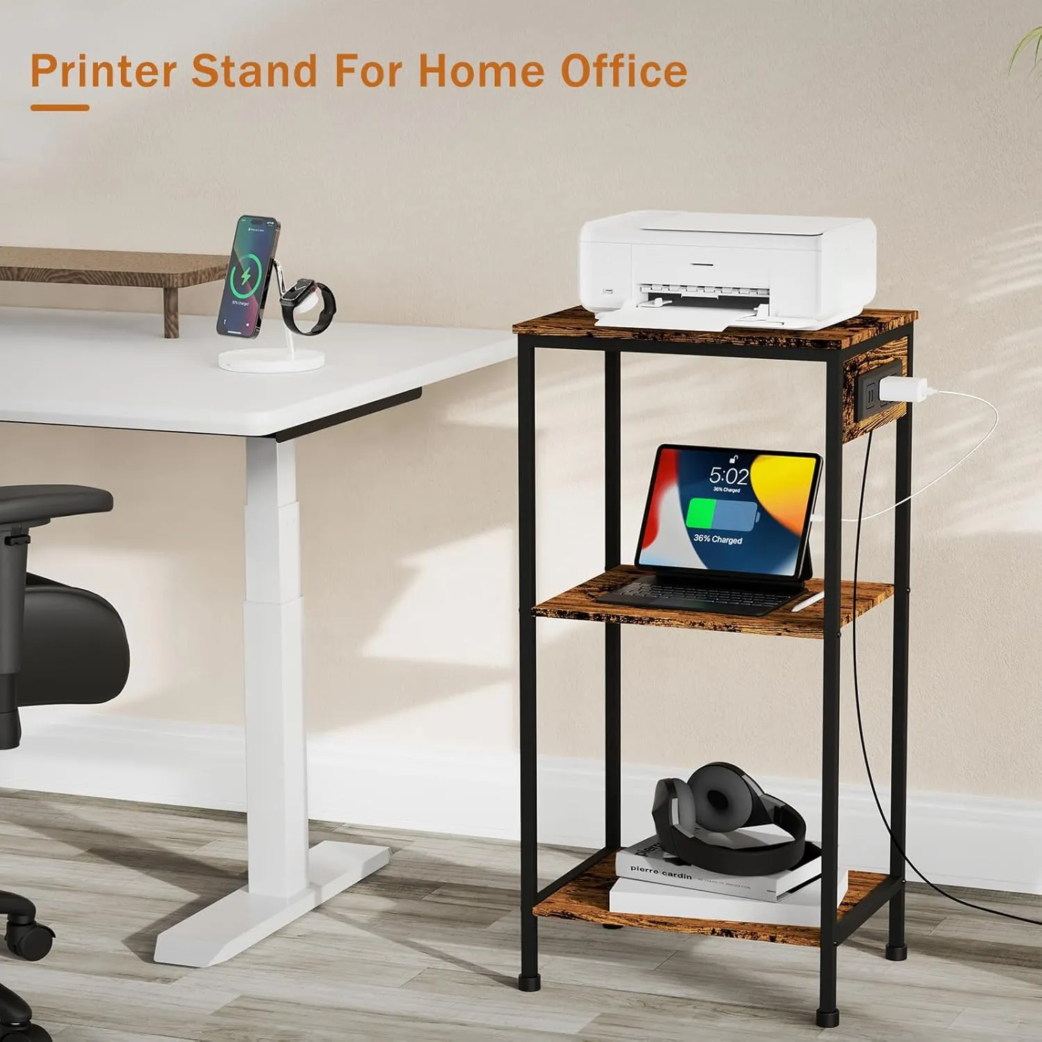 Tall End Table with Charging Station, 3 Tier Narrow Tall Nightstand with Storage, Slim Side Table with USB Ports and Outlets for Bedroom, Living Room, Office, Rustic Brown and Black