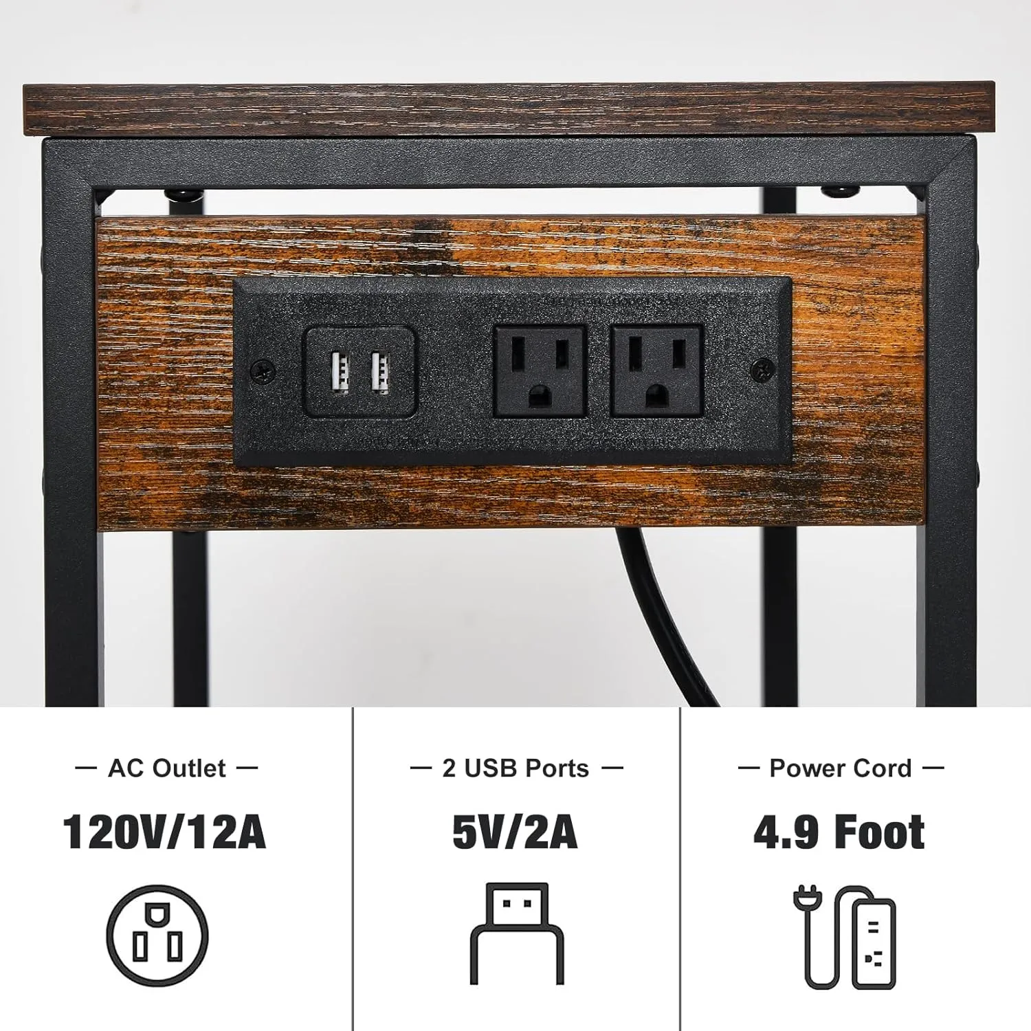 Tall End Table with Charging Station, 3 Tier Narrow Tall Nightstand with Storage, Slim Side Table with USB Ports and Outlets for Bedroom, Living Room, Office, Rustic Brown and Black