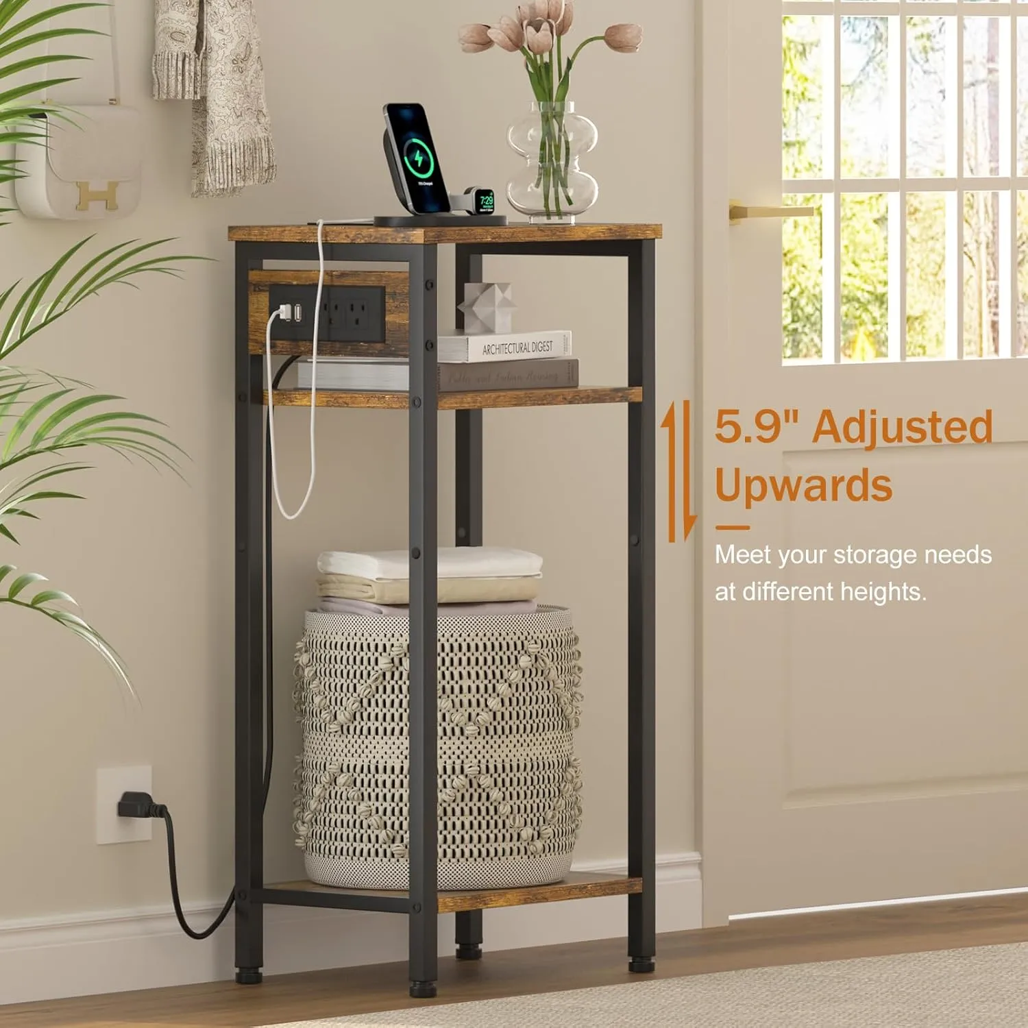 Tall End Table with Charging Station, 3 Tier Narrow Tall Nightstand with Storage, Slim Side Table with USB Ports and Outlets for Bedroom, Living Room, Office, Rustic Brown and Black