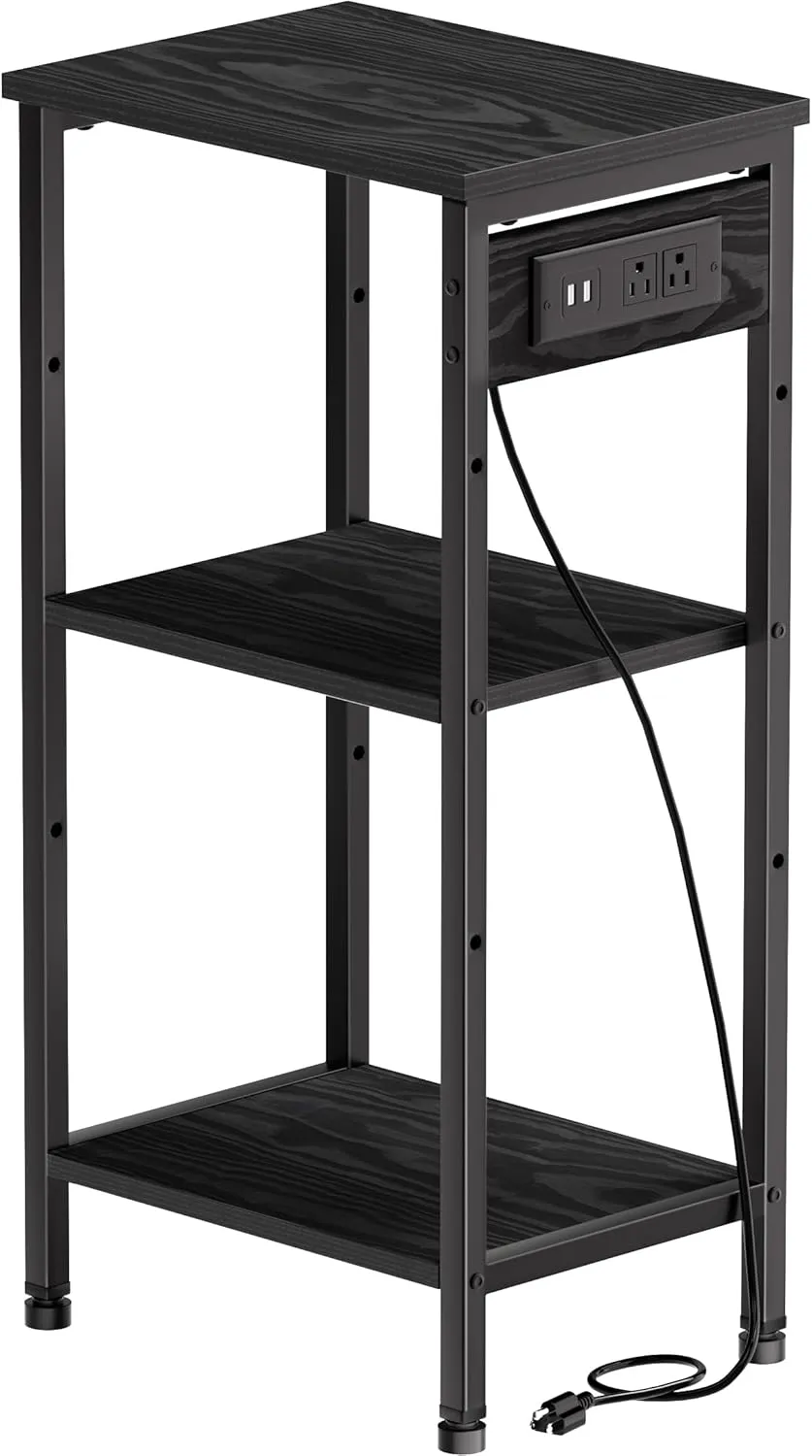 Tall Nightstand with Charging Station, 3 Tier Narrow Tall End Table with Storage, Slim Side Table with USB Ports and Outlets for Bedroom, Living Room, Office, Black
