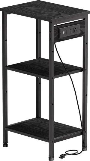 Tall Nightstand with Charging Station, 3 Tier Narrow Tall End Table with Storage, Slim Side Table with USB Ports and Outlets for Bedroom, Living Room, Office, Black