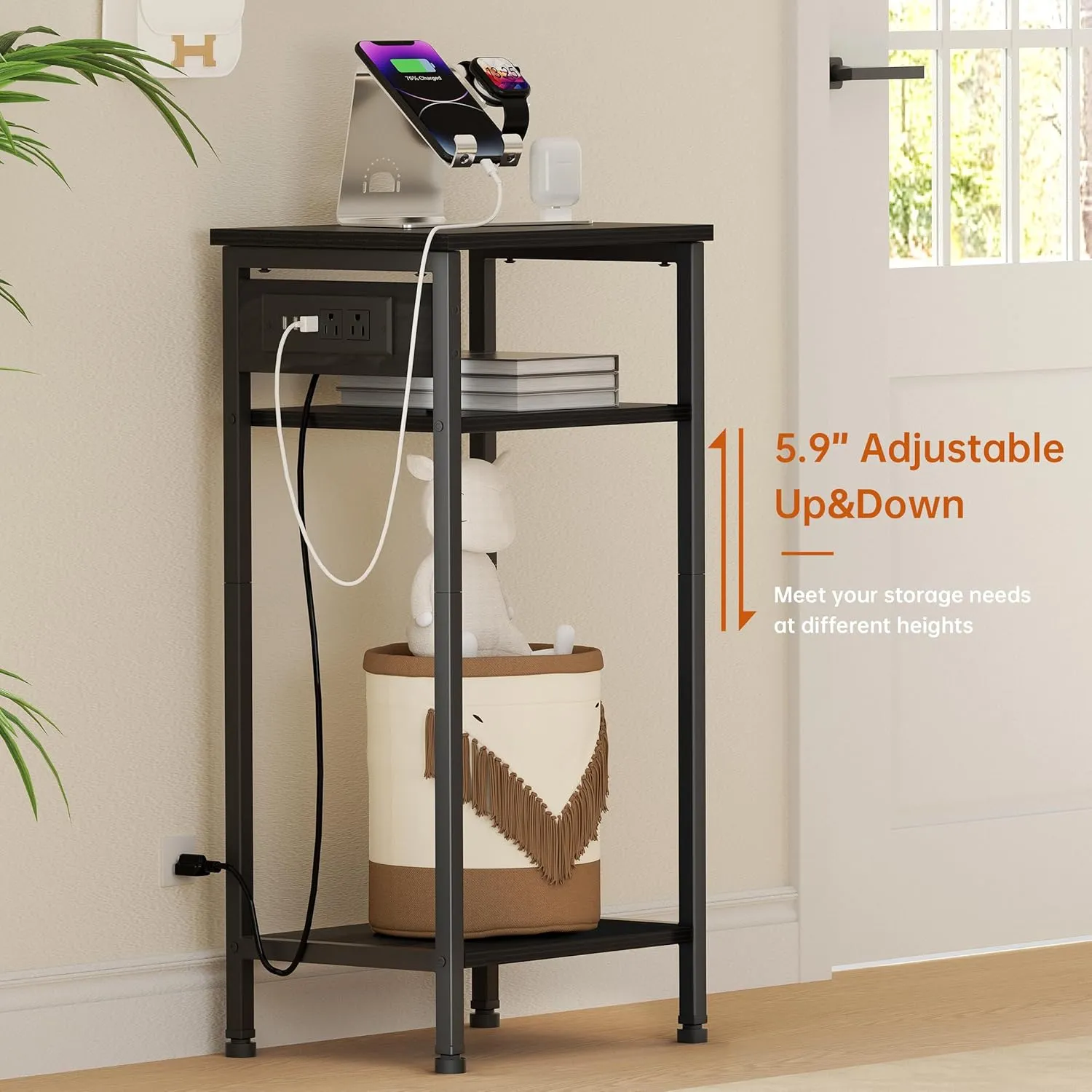 Tall Nightstand with Charging Station, 3 Tier Narrow Tall End Table with Storage, Slim Side Table with USB Ports and Outlets for Bedroom, Living Room, Office, Black