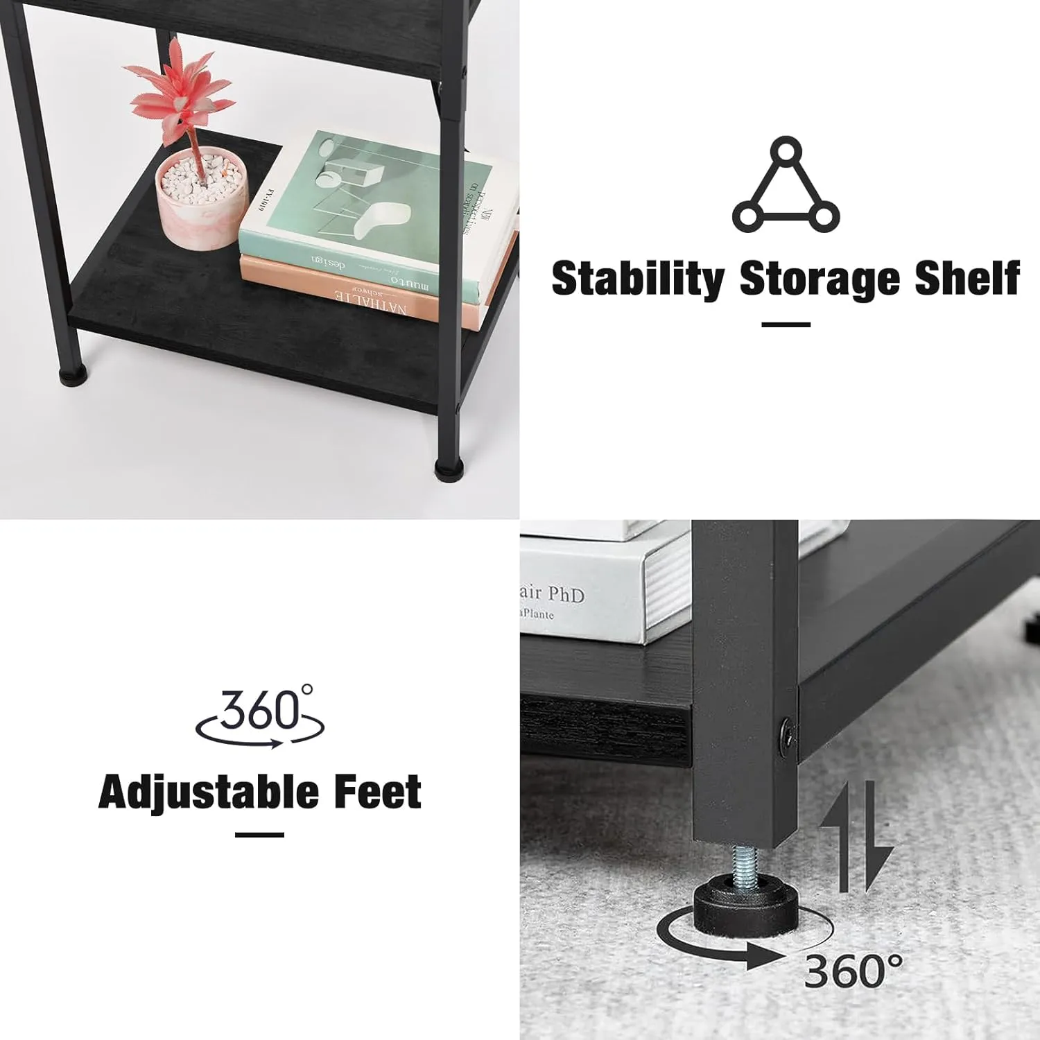Tall Nightstand with Charging Station, 3 Tier Narrow Tall End Table with Storage, Slim Side Table with USB Ports and Outlets for Bedroom, Living Room, Office, Black