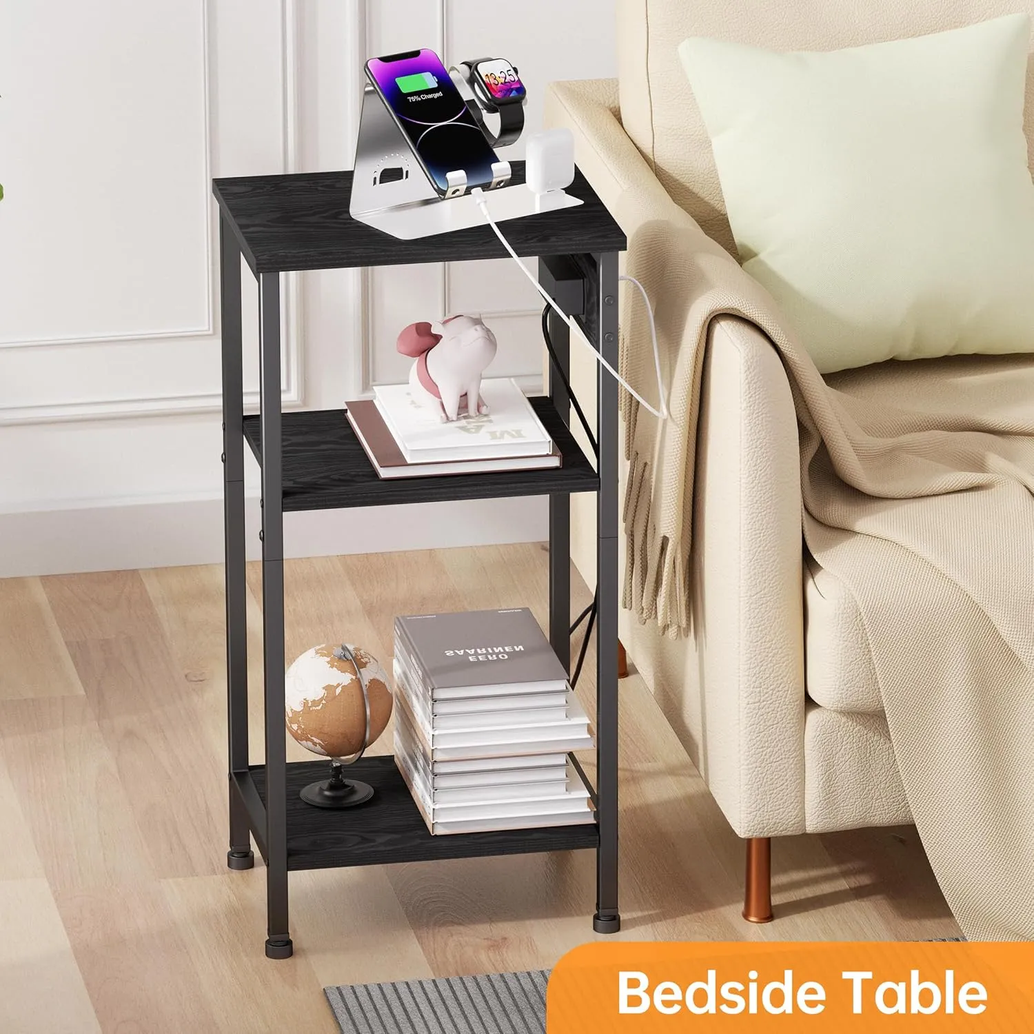 Tall Nightstand with Charging Station, 3 Tier Narrow Tall End Table with Storage, Slim Side Table with USB Ports and Outlets for Bedroom, Living Room, Office, Black