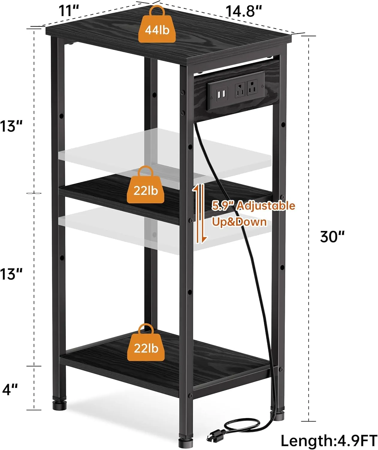 Tall Nightstand with Charging Station, 3 Tier Narrow Tall End Table with Storage, Slim Side Table with USB Ports and Outlets for Bedroom, Living Room, Office, Black