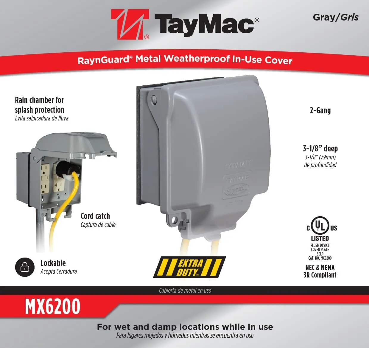 TayMac MX6200 RaynGuard Extra Duty Metal Weatherproof in-Use Cover, 2-Gang, Gray