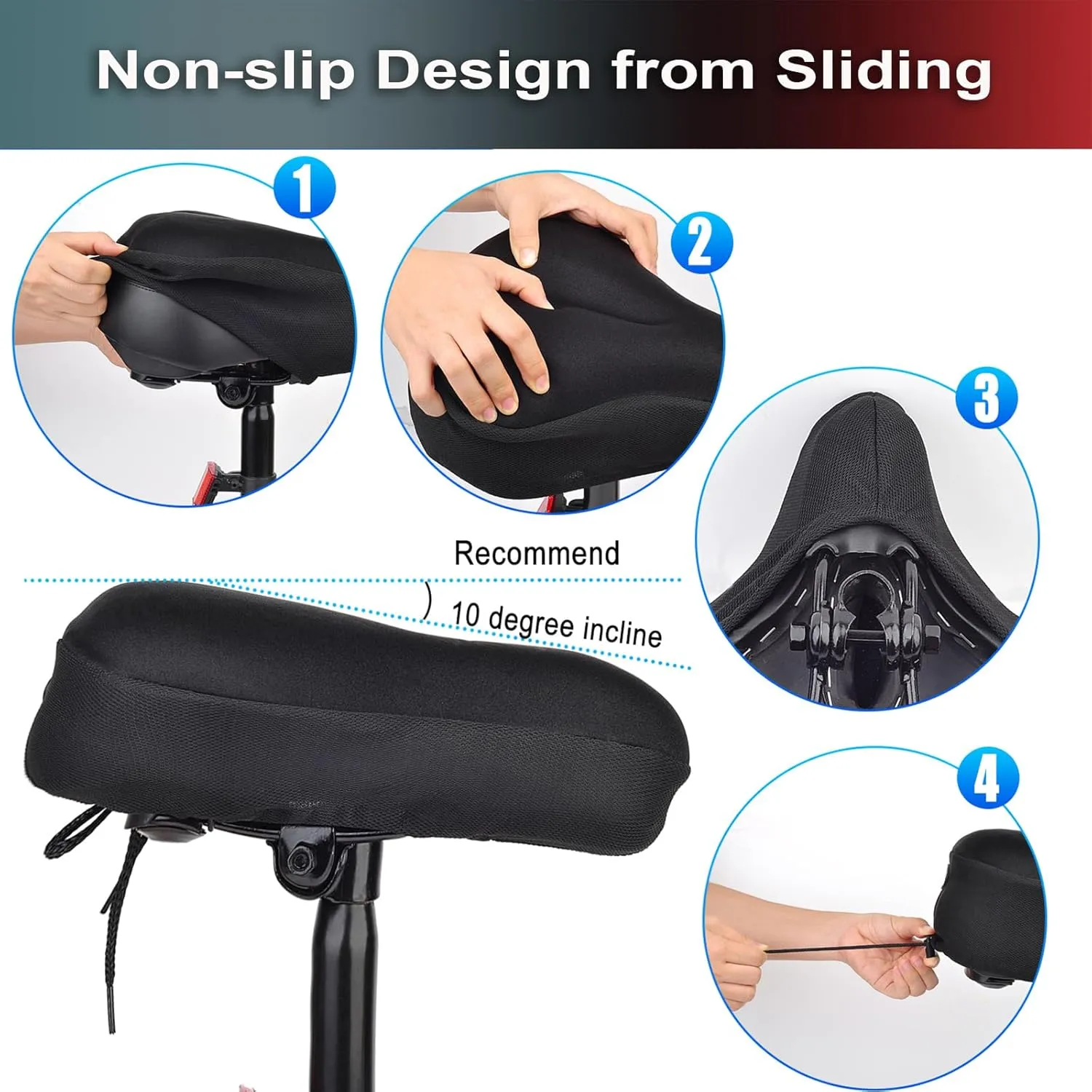Thick & Wide Gel Bike Seat Cushion Pad with Rainproof Cover - Comfortable Silicone Gel Memory Foam Bicycle Saddle Seat Cushion with UV Protection