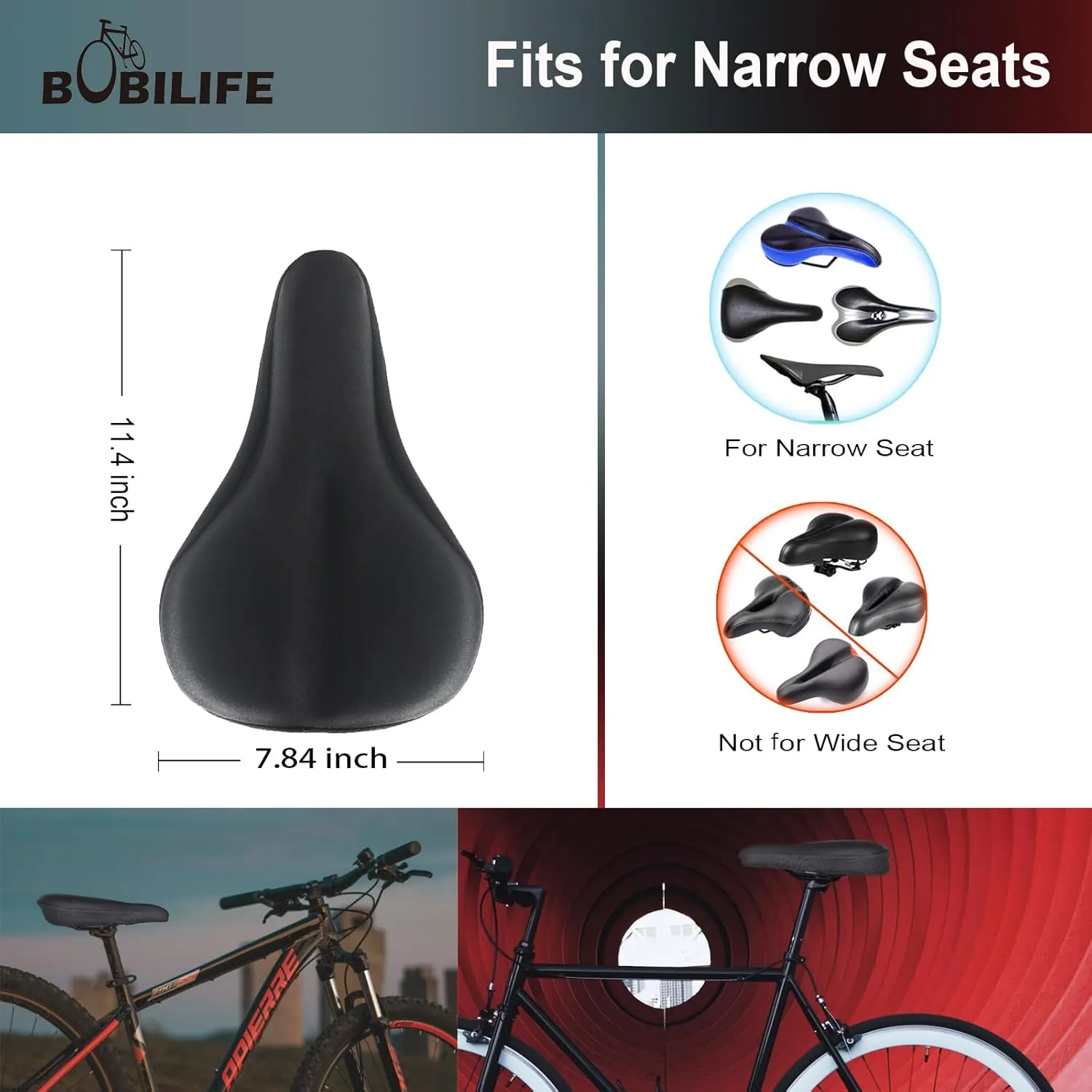 Thick & Wide Gel Bike Seat Cushion Pad with Rainproof Cover - Comfortable Silicone Gel Memory Foam Bicycle Saddle Seat Cushion with UV Protection