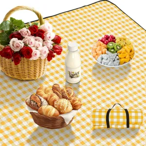 Three-Layer Thick Outdoor Picnic Blanket, Waterproof Outdoor Blanket, Suitable for Beach, Park and Camping, with a Hand Strap for Easy Carrying, Suitable for Family Gatherings, 80"x80" (Yellow)