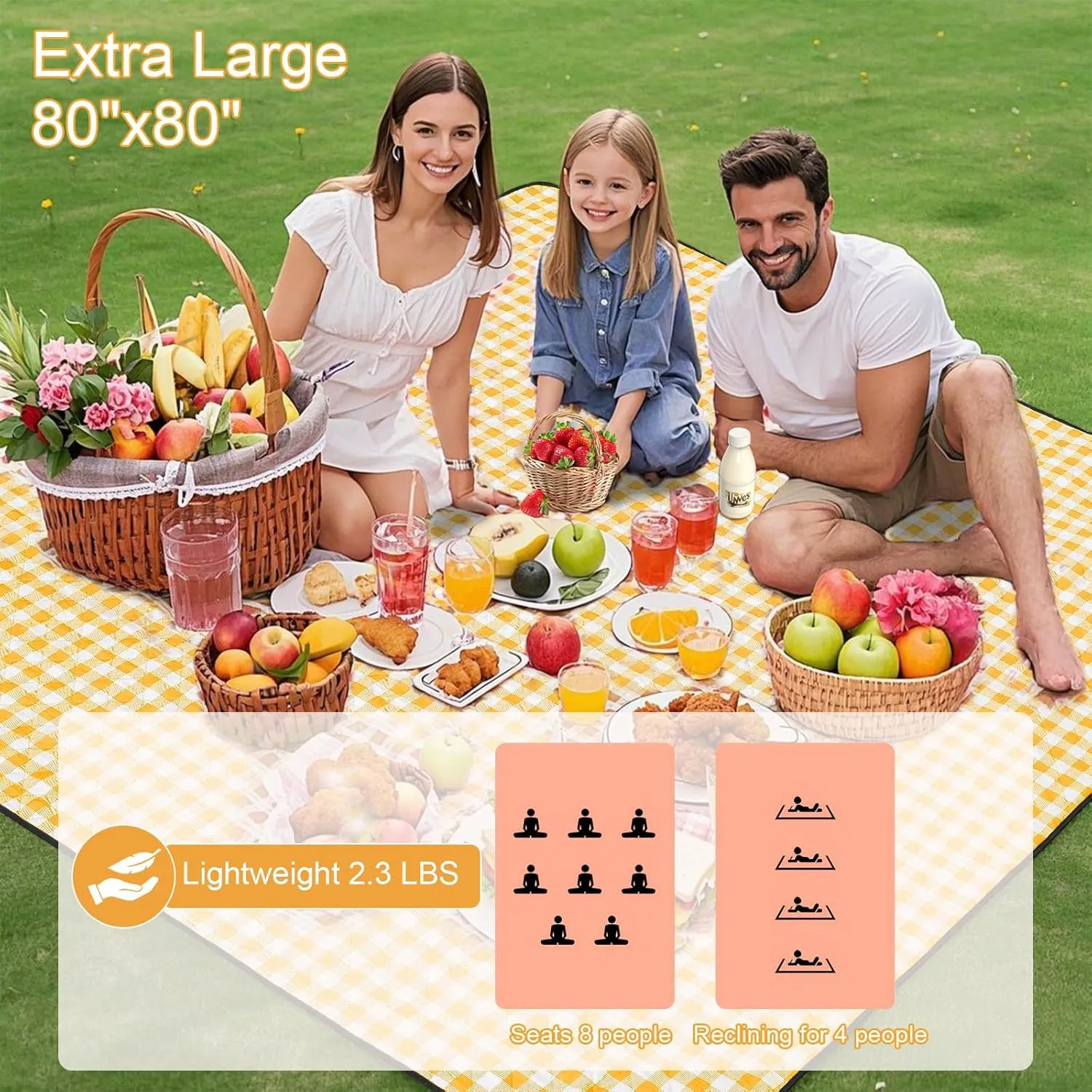 Three-Layer Thick Outdoor Picnic Blanket, Waterproof Outdoor Blanket, Suitable for Beach, Park and Camping, with a Hand Strap for Easy Carrying, Suitable for Family Gatherings, 80"x80" (Yellow)