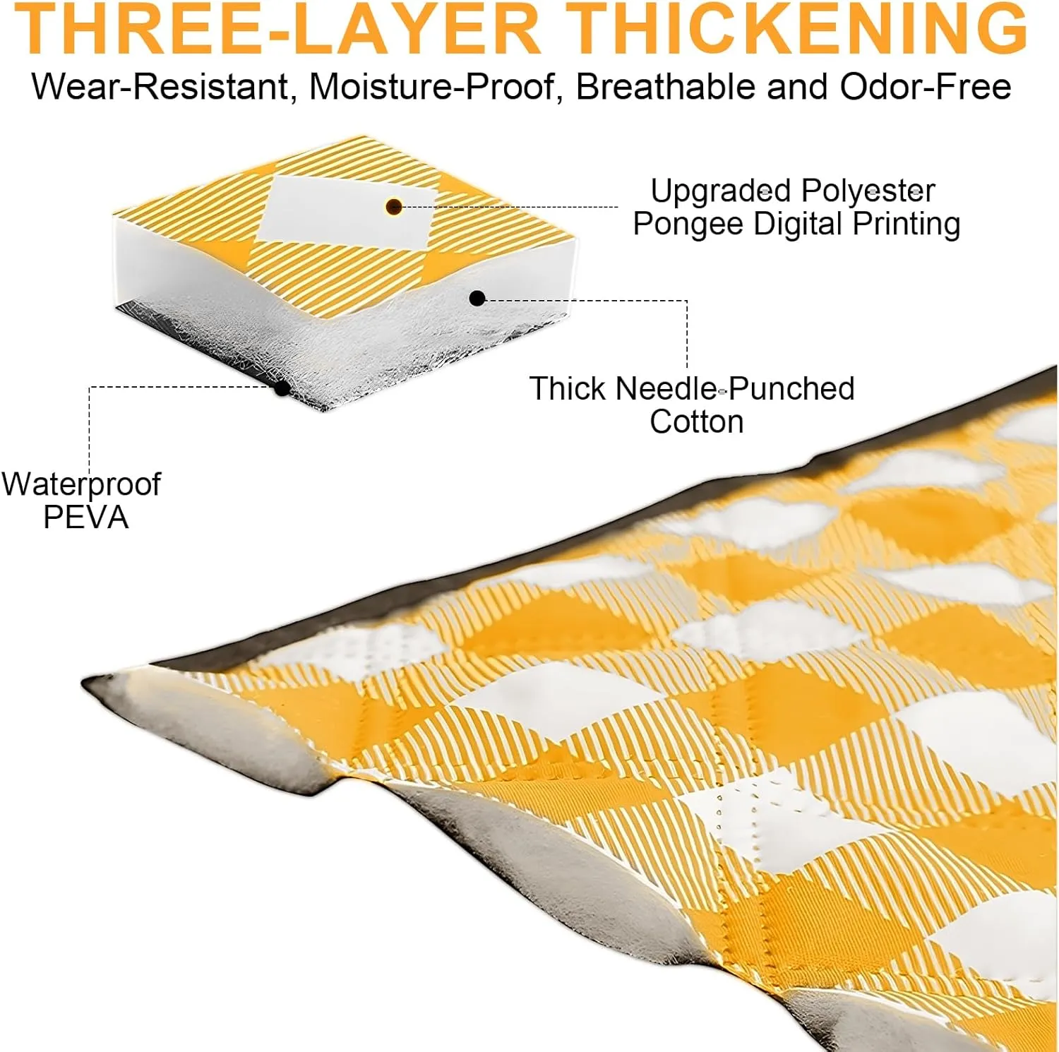 Three-Layer Thick Outdoor Picnic Blanket, Waterproof Outdoor Blanket, Suitable for Beach, Park and Camping, with a Hand Strap for Easy Carrying, Suitable for Family Gatherings, 80"x80" (Yellow)