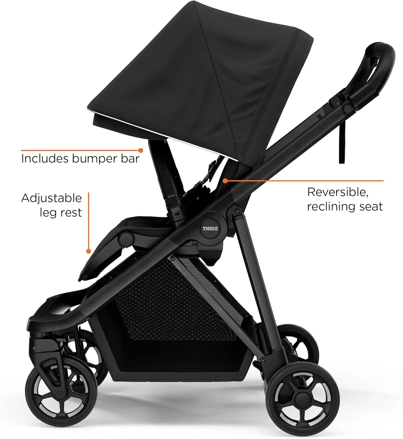 Thule Shine baby stroller, Full-size stroller features, Compact and lightweight design, Reversible seat, Spacious storage basket, Adjustable leg rest, Easy one-hand fold