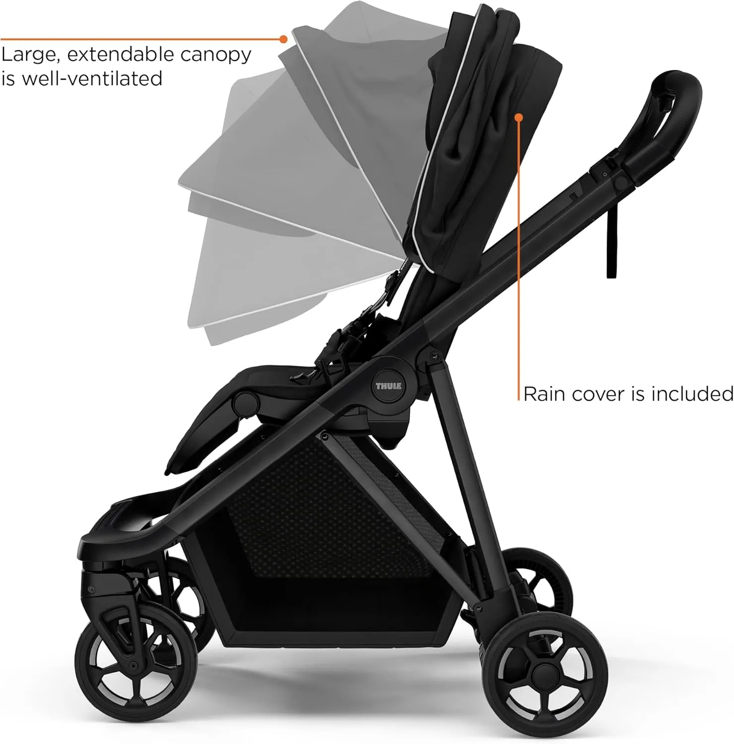Thule Shine baby stroller, Full-size stroller features, Compact and lightweight design, Reversible seat, Spacious storage basket, Adjustable leg rest, Easy one-hand fold