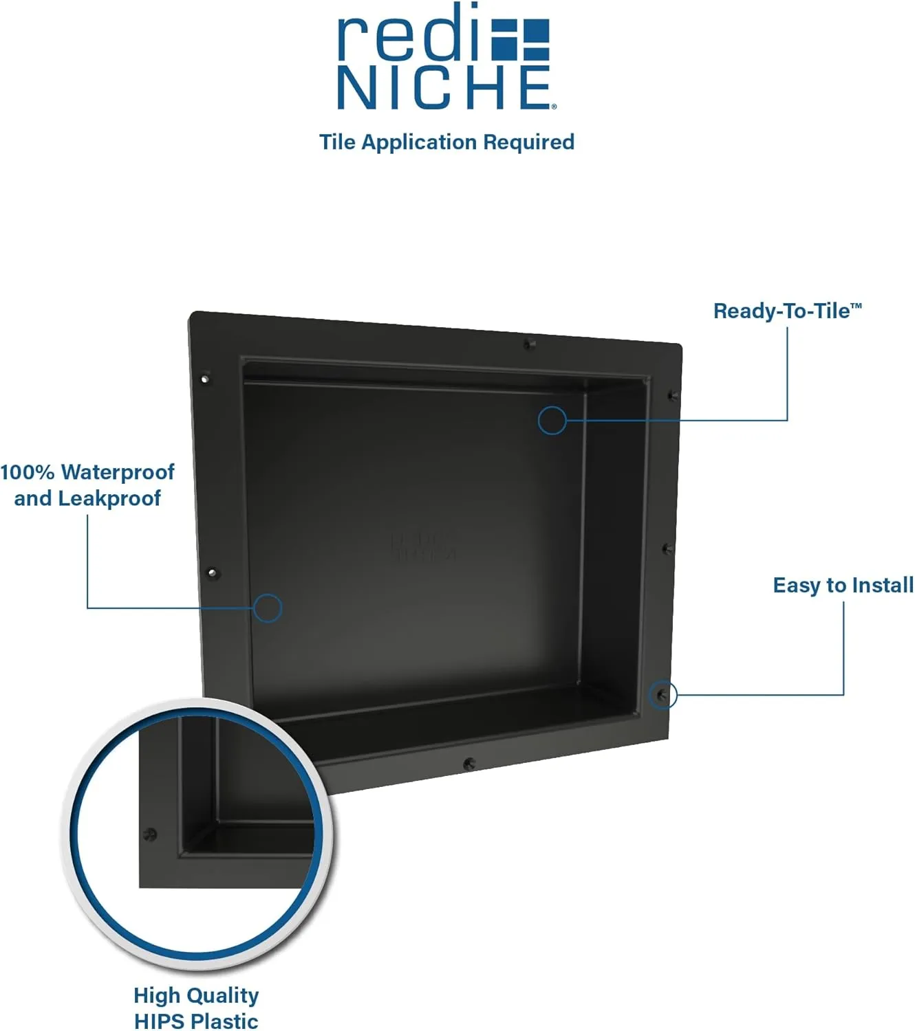 Tile Redi USA Niche Single Recessed Shower Shelf – Black, One Inner Shelf, 16-Inch Width x 14-Inch Height x 4-Inch Depth (620)