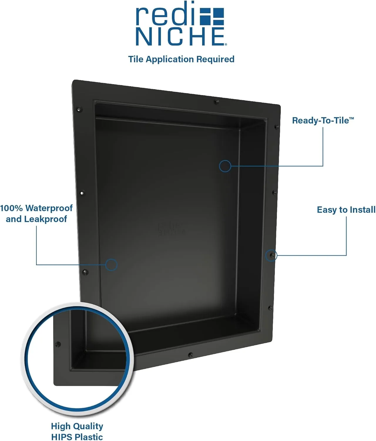 Tile Redi USA RN1620S-BI Redi Niche Single Recessed Shower Shelf, One Inner Shelf, 20" H x 16" W, Black