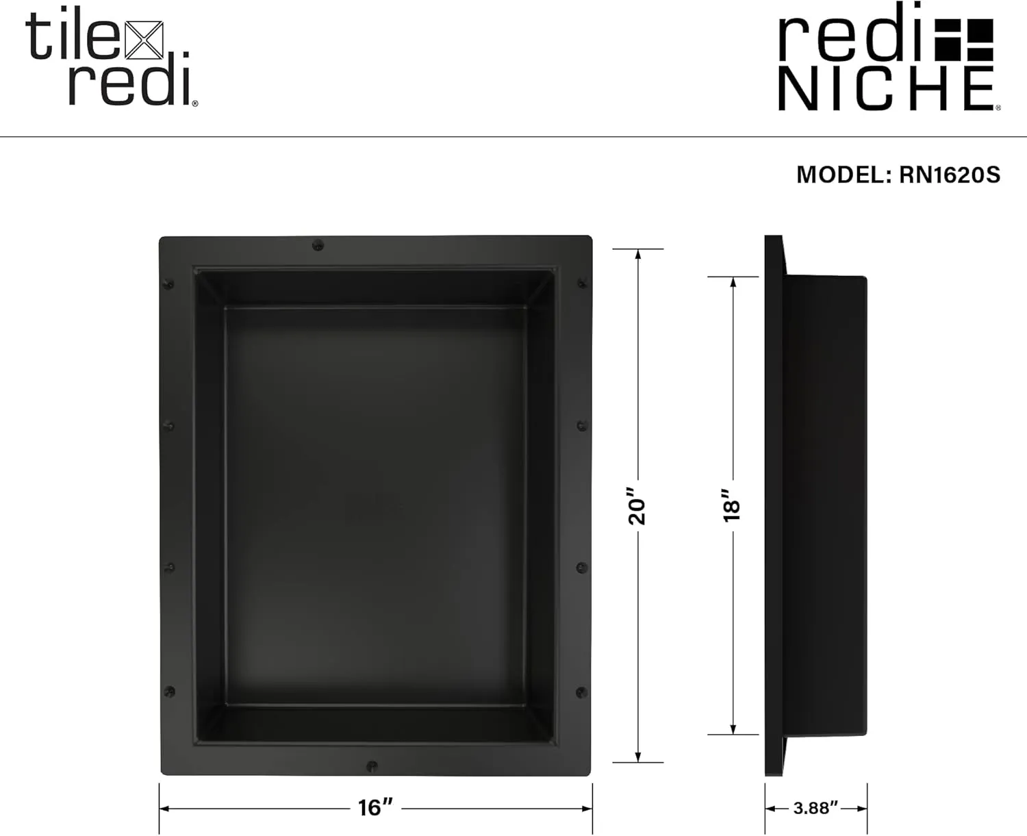 Tile Redi USA RN1620S-BI Redi Niche Single Recessed Shower Shelf, One Inner Shelf, 20" H x 16" W, Black