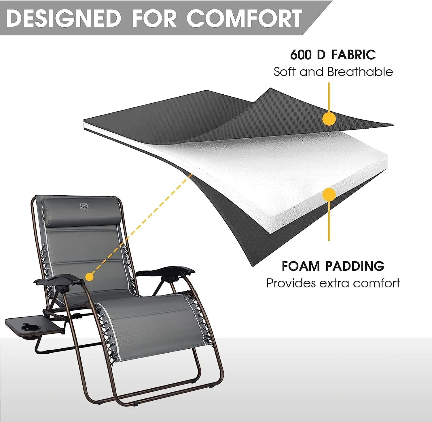 TIMBER RIDGE Oversized Zero Gravity Chair, 33In Wide XXL Zero Gravity Reclining Chair with Side Table, Full Padded Lounge Chair for Outdoor Camping Patio Lawn, Heavy Duty Supports 500lbs, Grey-2 Pack