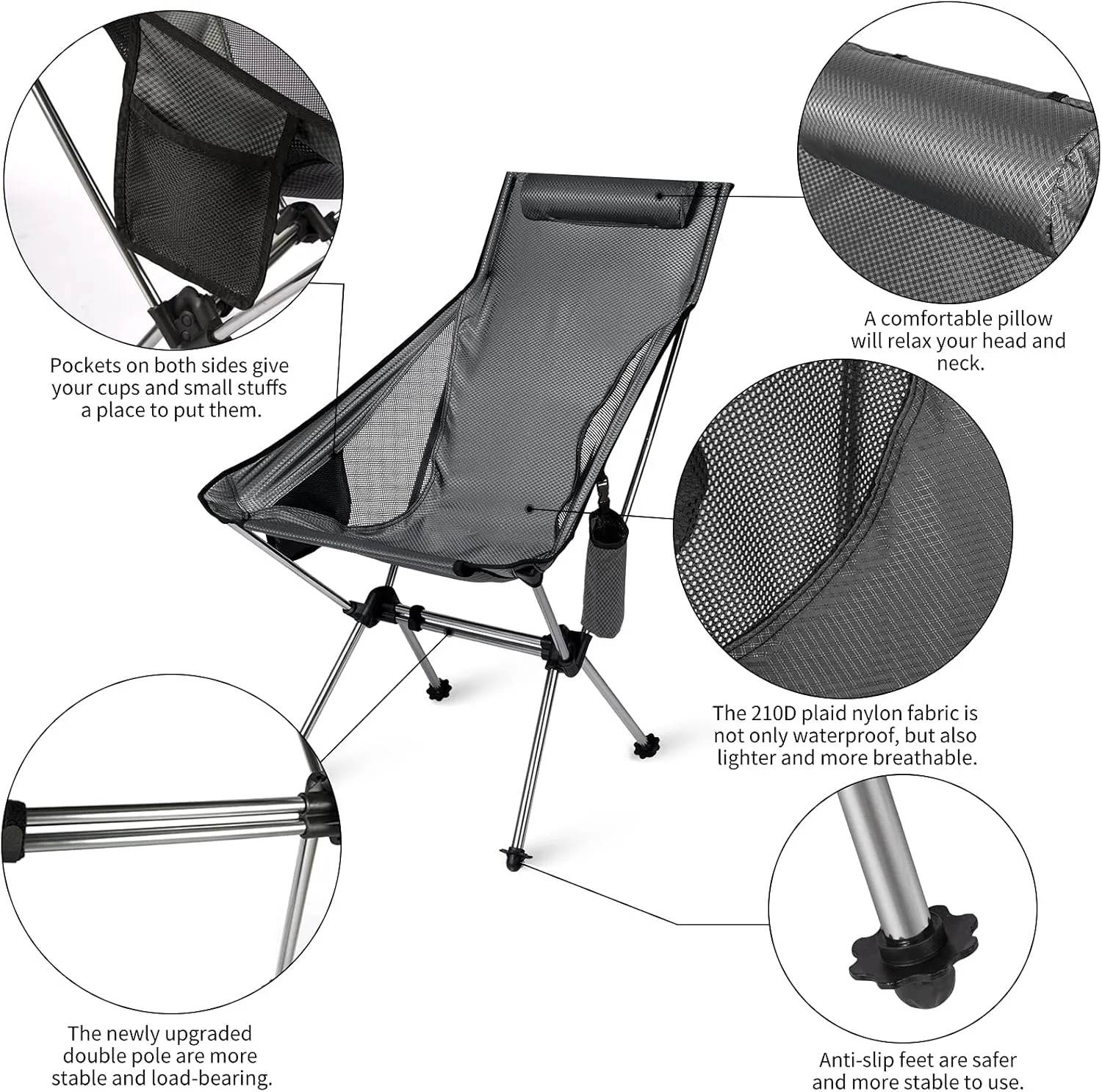 TOBTOS Ultralight High Back Camping Chair, Lightweight Folding Chairs with Headrest, Portable Compact for Outdoor Camp, Hiking, Picnic, Backpacking（Grey）