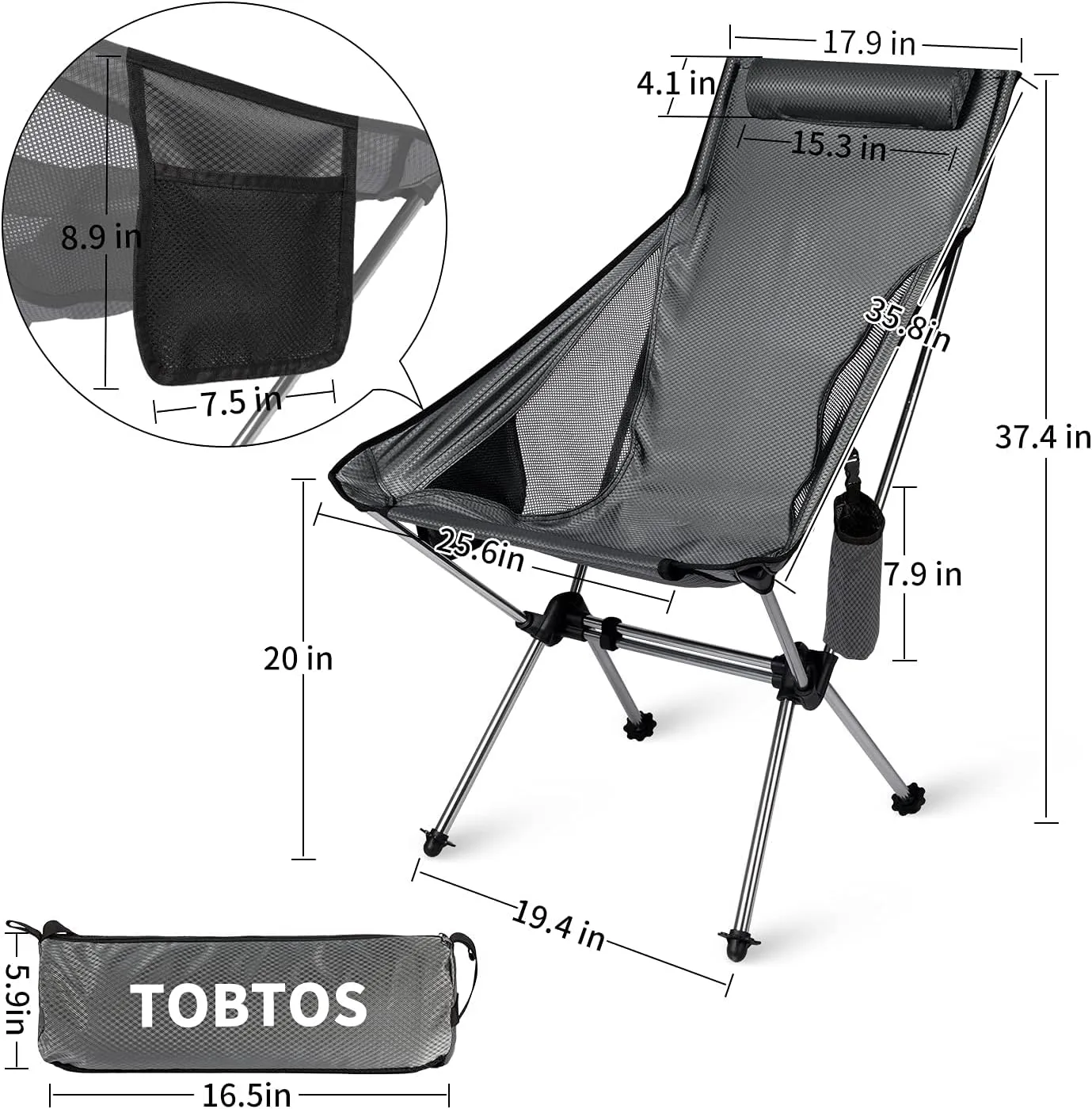 TOBTOS Ultralight High Back Camping Chair, Lightweight Folding Chairs with Headrest, Portable Compact for Outdoor Camp, Hiking, Picnic, Backpacking（Grey）