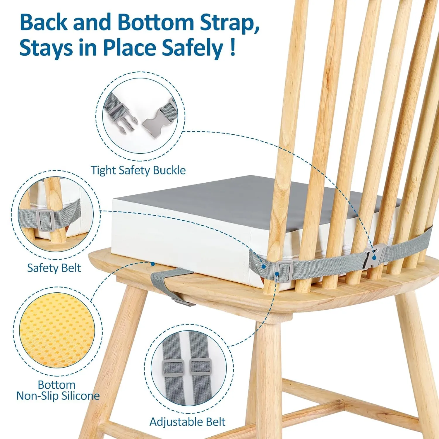 Toddler Booster Seat for Dining Table Chair,Non-Slip Bottom Baby Kid Booster Seat for Dining Table,2 Adjustable Straps,Portable Booster Seat for Table Travel Booster Seat for Toddler(Grey White)