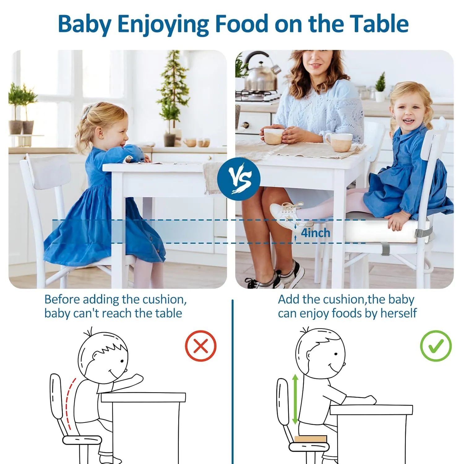 Toddler Booster Seat for Dining Table Chair,Non-Slip Bottom Baby Kid Booster Seat for Dining Table,2 Adjustable Straps,Portable Booster Seat for Table Travel Booster Seat for Toddler(Grey White)