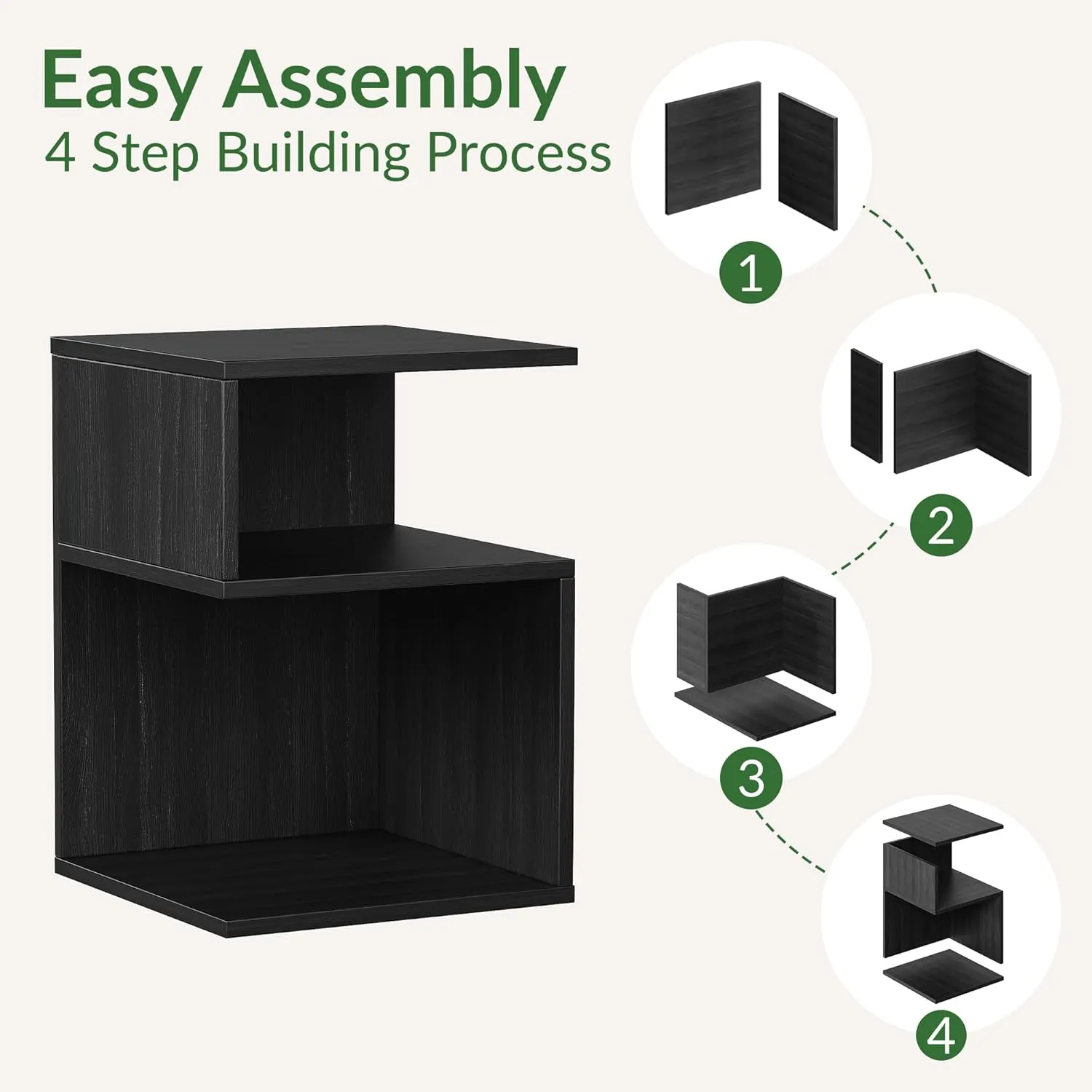 Tokyo S Flip Minimalist 3 Tier End Table - Minimalist 3-Tier Wood Nightstand for Small Spaces with Open Storage - Japanese-Inspired Bedside Table for Bedroom (Reverse, Black)