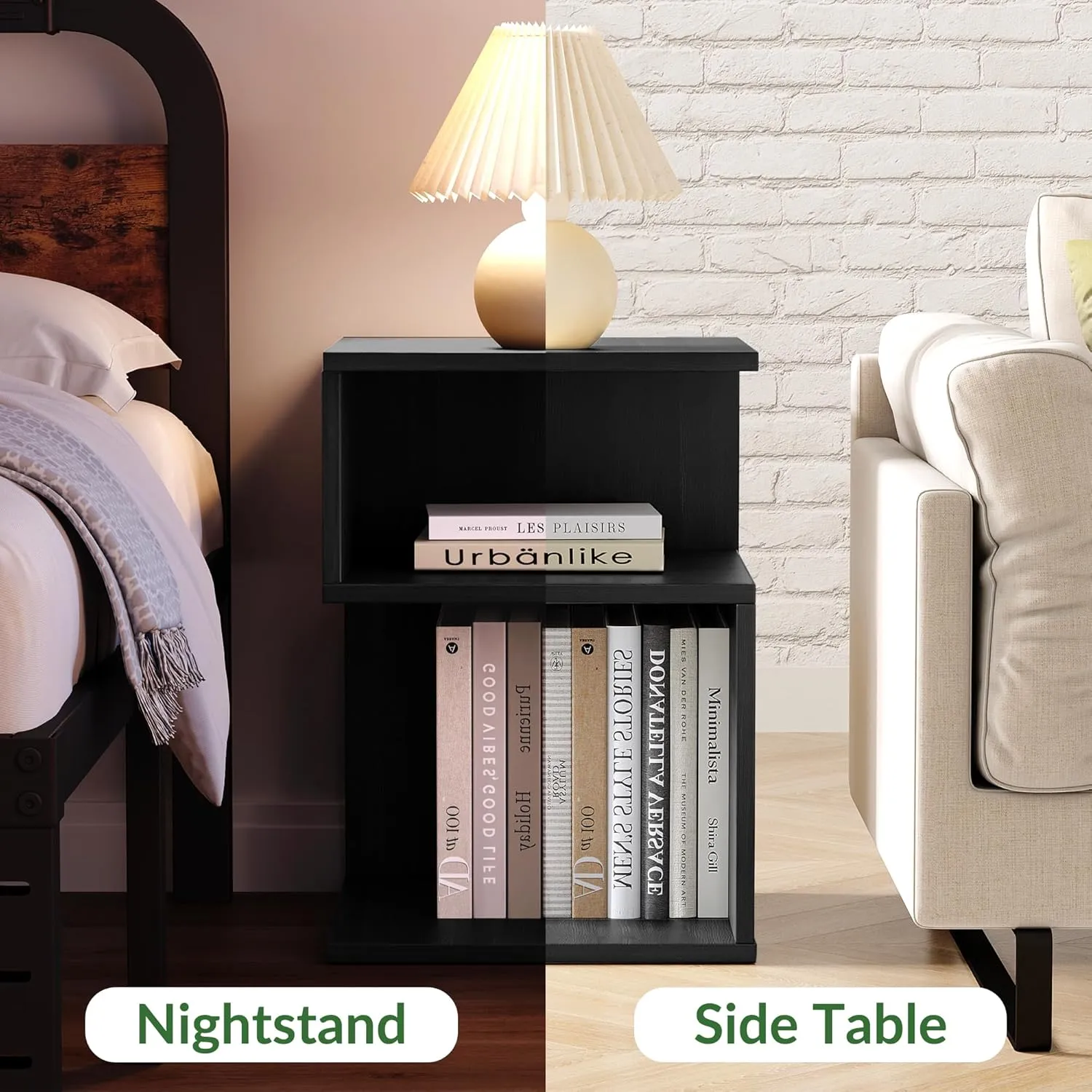Tokyo S Flip Minimalist 3 Tier End Table - Minimalist 3-Tier Wood Nightstand for Small Spaces with Open Storage - Japanese-Inspired Bedside Table for Bedroom (Reverse, Black)