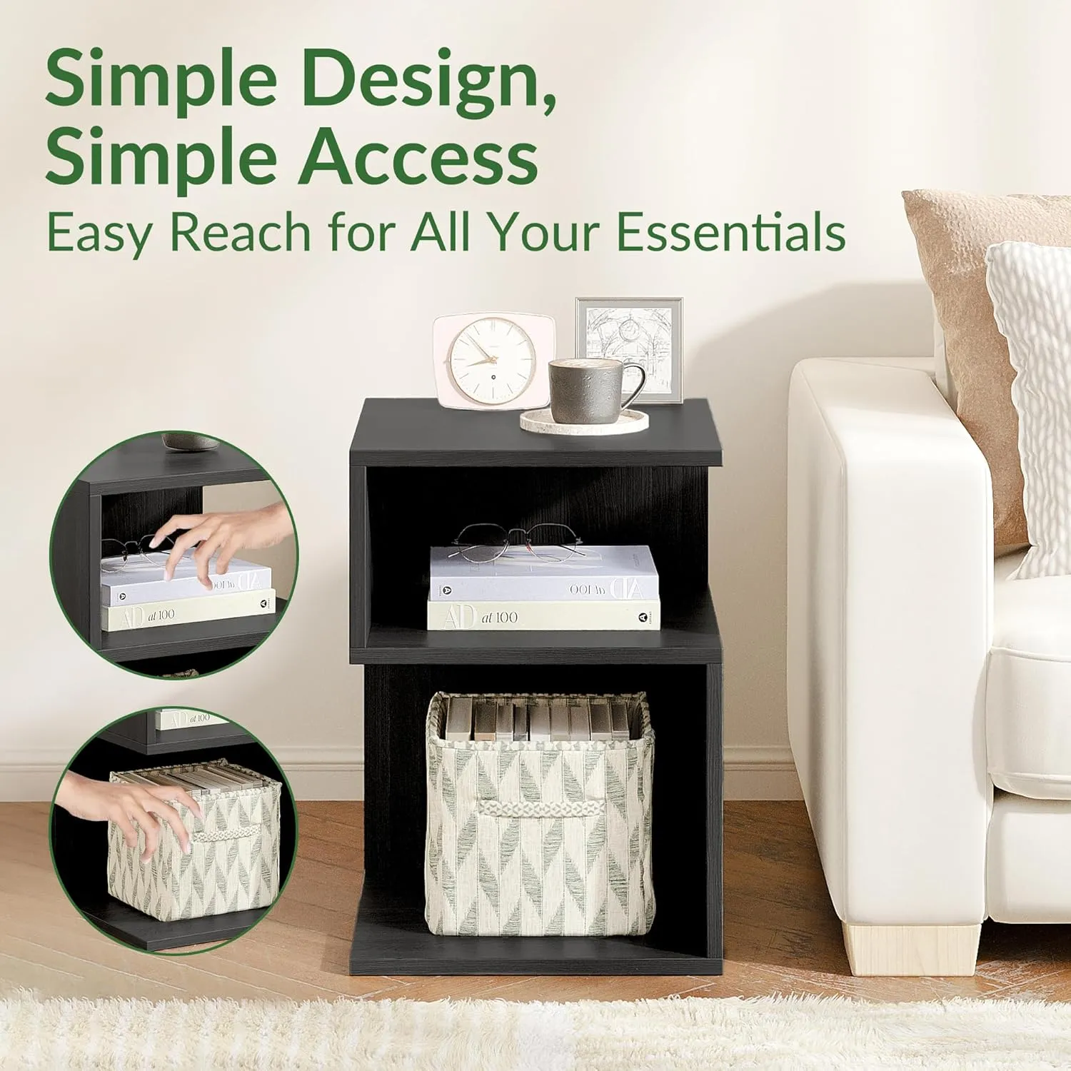 Tokyo S Minimalist 3 Tier End Table - Minimalist 3-Tier Wood Nightstand for Small Spaces with Open Storage - Japanese-Inspired Bedside Table for Bedroom (Black)