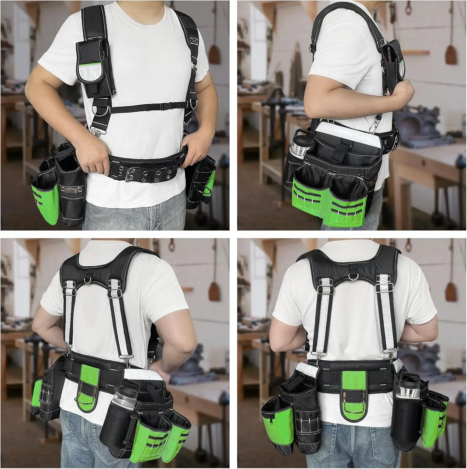 Tool Belt with Suspenders for Men, Heavy Duty Carpenter Tool Belt with 32 Pockets, 1680D Material, Reflective Strips, Ideal for Framers, Electricians, and Construction Use