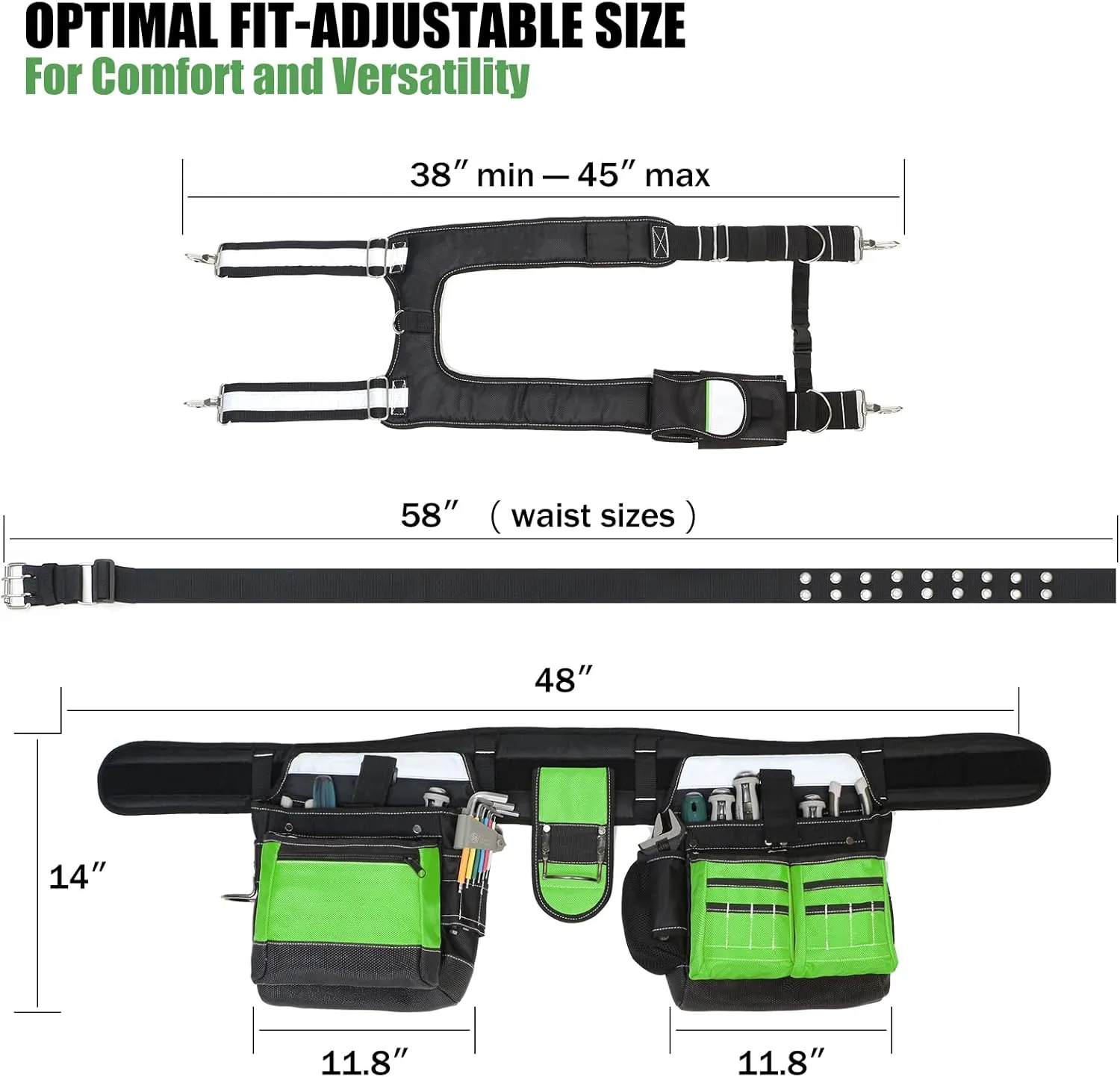 Tool Belt with Suspenders for Men, Heavy Duty Carpenter Tool Belt with 32 Pockets, 1680D Material, Reflective Strips, Ideal for Framers, Electricians, and Construction Use