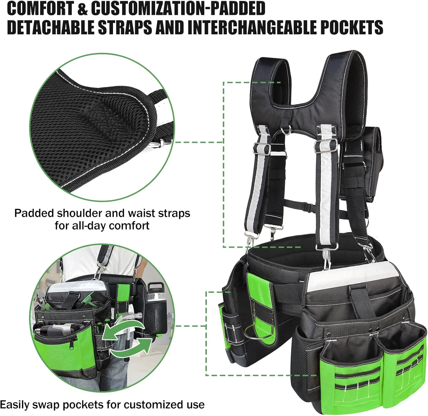 Tool Belt with Suspenders for Men, Heavy Duty Carpenter Tool Belt with 32 Pockets, 1680D Material, Reflective Strips, Ideal for Framers, Electricians, and Construction Use