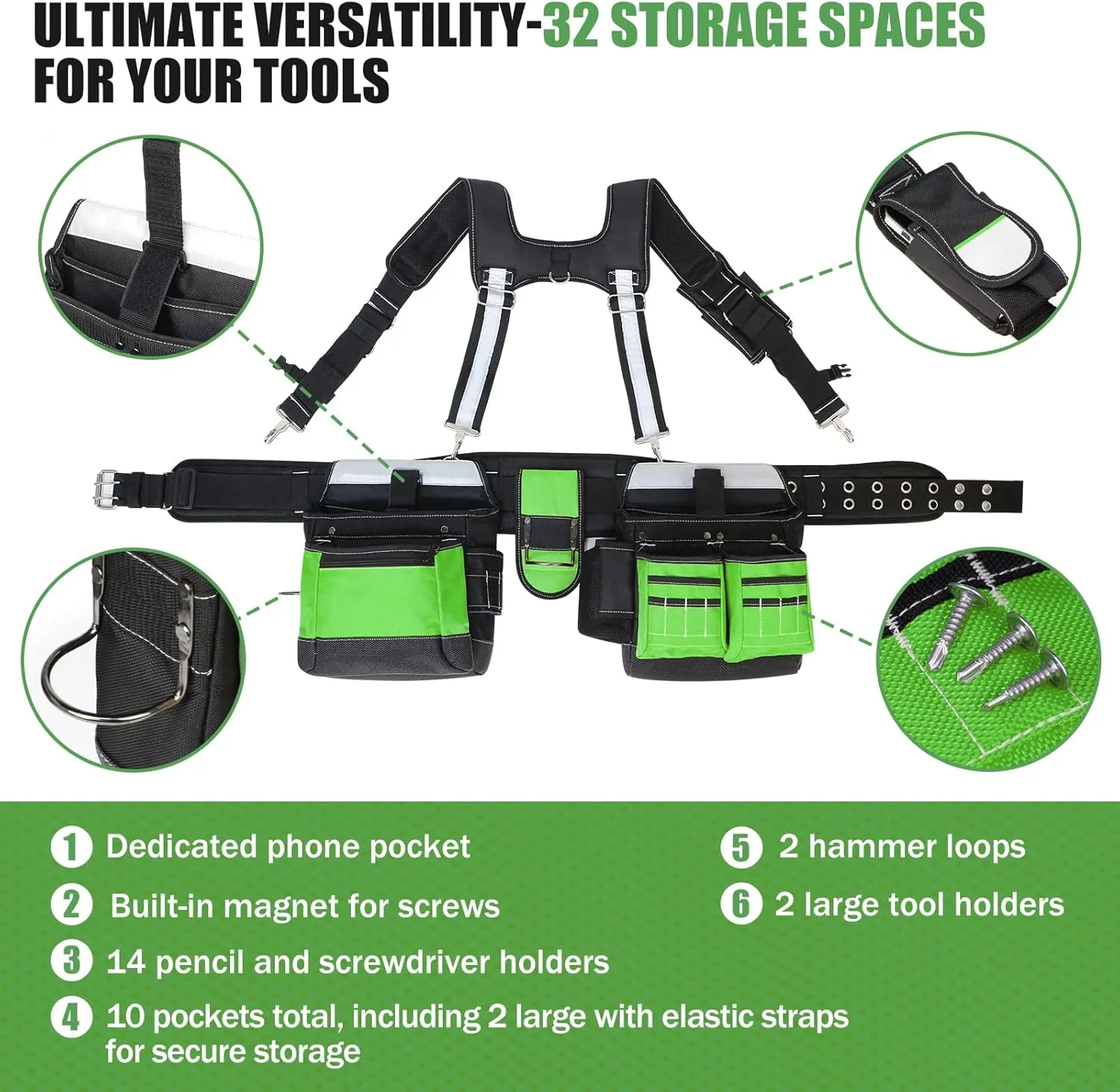 Tool Belt with Suspenders for Men, Heavy Duty Carpenter Tool Belt with 32 Pockets, 1680D Material, Reflective Strips, Ideal for Framers, Electricians, and Construction Use