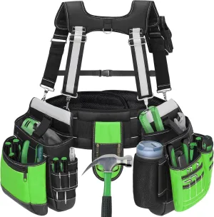 Tool Belt with Suspenders for Men, Heavy Duty Carpenter Tool Belt with 32 Pockets, 1680D Material, Reflective Strips, Ideal for Framers, Electricians, and Construction Use