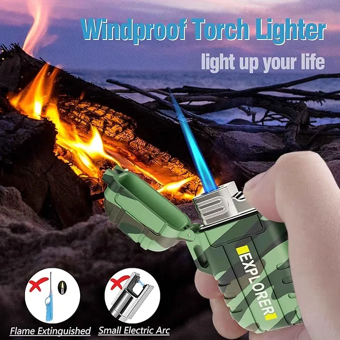 Torch Lighter, 2 Pack Butane Lighter, Windproof Outdoor Gas Lighter Adjustable Jet Flame Lighters, Fireplace Fireworks Grill Camping BBQ Lighter, Gifts for Men.(Orange Camo)(Without Butane)