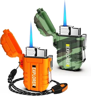 Torch Lighter, 2 Pack Butane Lighter, Windproof Outdoor Gas Lighter Adjustable Jet Flame Lighters, Fireplace Fireworks Grill Camping BBQ Lighter, Gifts for Men.(Orange Camo)(Without Butane)