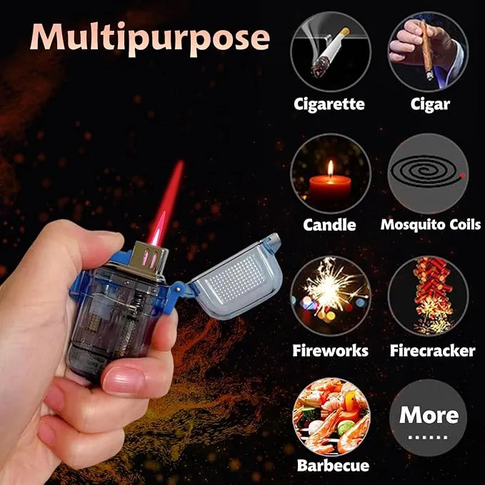 Torch Lighter, 4 Pack Jet Red Flame Waterproof Lighter Butane Refillable with Visible Fuel Tank, Adjustable Flame Windproof Butane Lighter for Camping, Hiking, Candle, Outdoor,Gifts (Without Butane)