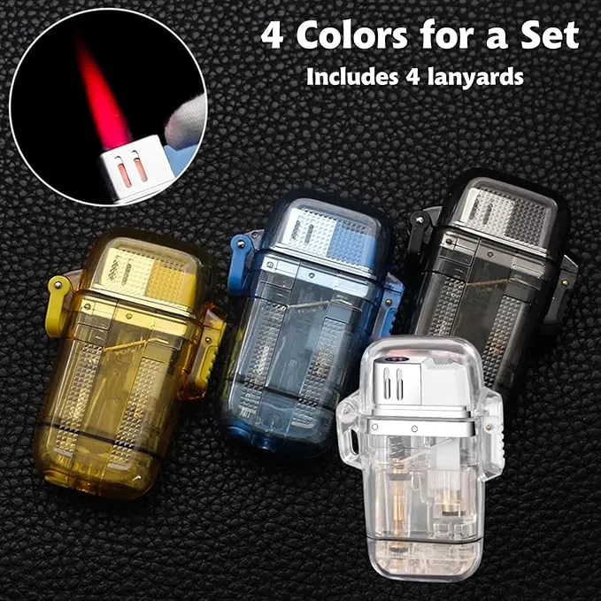 Torch Lighter, 4 Pack Jet Red Flame Waterproof Lighter Butane Refillable with Visible Fuel Tank, Adjustable Flame Windproof Butane Lighter for Camping, Hiking, Candle, Outdoor,Gifts (Without Butane)