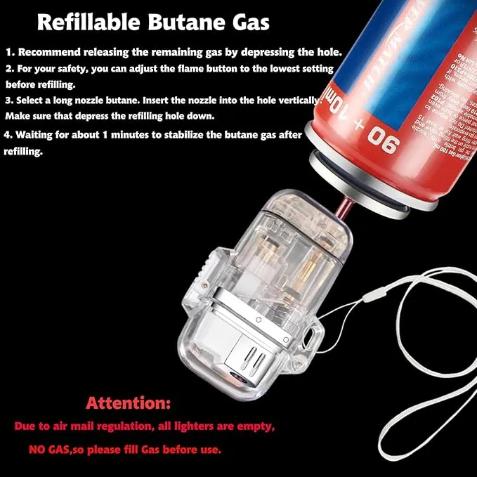 Torch Lighter, 4 Pack Jet Red Flame Waterproof Lighter Butane Refillable with Visible Fuel Tank, Adjustable Flame Windproof Butane Lighter for Camping, Hiking, Candle, Outdoor,Gifts (Without Butane)