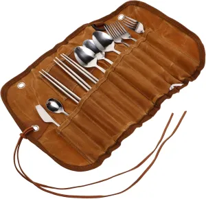 Totority 3 Person Camping Utensils Stainless Steel Cutlery Set Outdoor Cooking Compact Traveling Tableware Bag