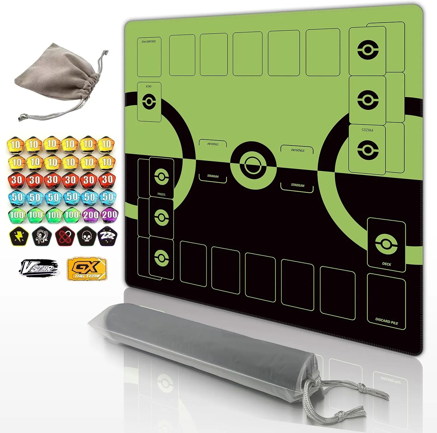 Trading Card Game Playmat – 2-Player Trainer Mat with 37 Damage Counters and Professional Storage Bag (Green)