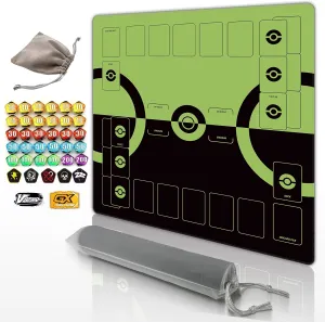 Trading Card Game Playmat – 2-Player Trainer Mat with 37 Damage Counters and Professional Storage Bag (Green)