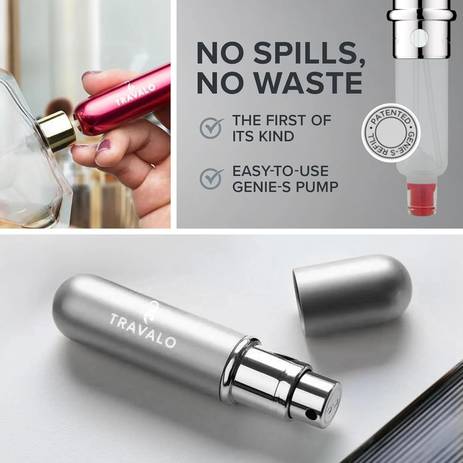 Travalo Classic HD Perfume Atomizer - Leak-Proof and TSA Approved for Air Travel - Reusable, Airtight, Easy-Fill Mini Pump Sprayer - Lightweight, Elegant Design w/ Volume Window - Silver 0.17oz