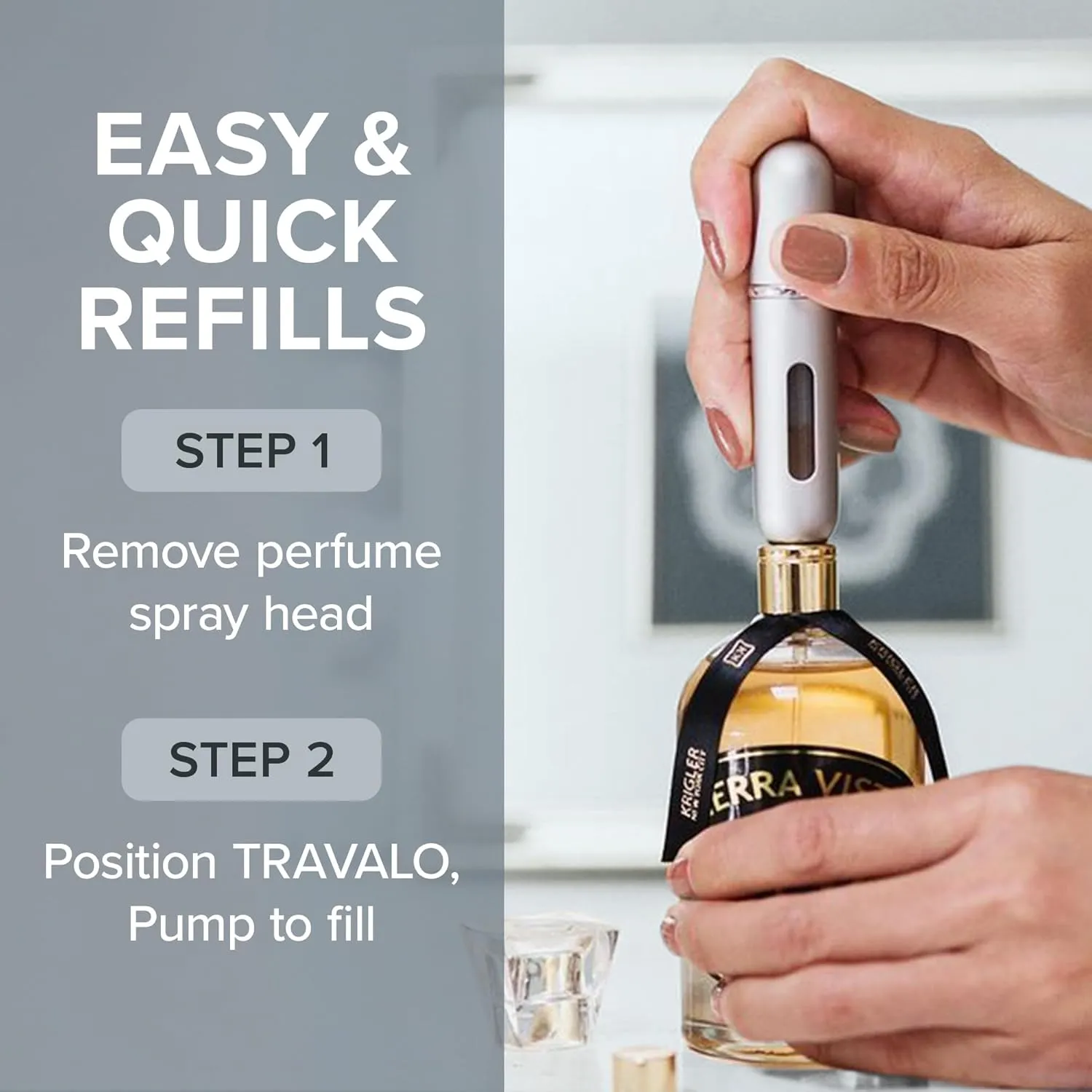 Travalo Classic HD Perfume Atomizer - Leak-Proof and TSA Approved for Air Travel - Reusable, Airtight, Easy-Fill Mini Pump Sprayer - Lightweight, Elegant Design w/ Volume Window - Silver 0.17oz