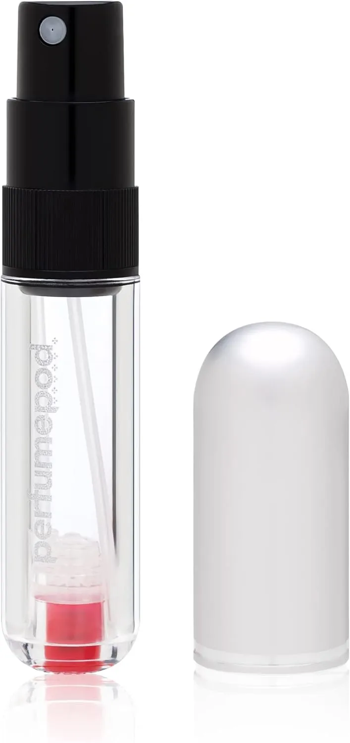 Travalo Pod Pure Perfume Atomizer | Genie-S Refillable System | Travel TSA Approved | Reusable and Airtight Easy-Fill Mini Pump Sprayer | Lightweight Clear Body Fun Colorful Lid | Silver | 0.17oz