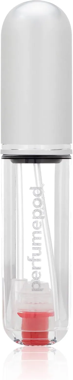 Travalo Pod Pure Perfume Atomizer | Genie-S Refillable System | Travel TSA Approved | Reusable and Airtight Easy-Fill Mini Pump Sprayer | Lightweight Clear Body Fun Colorful Lid | Silver | 0.17oz
