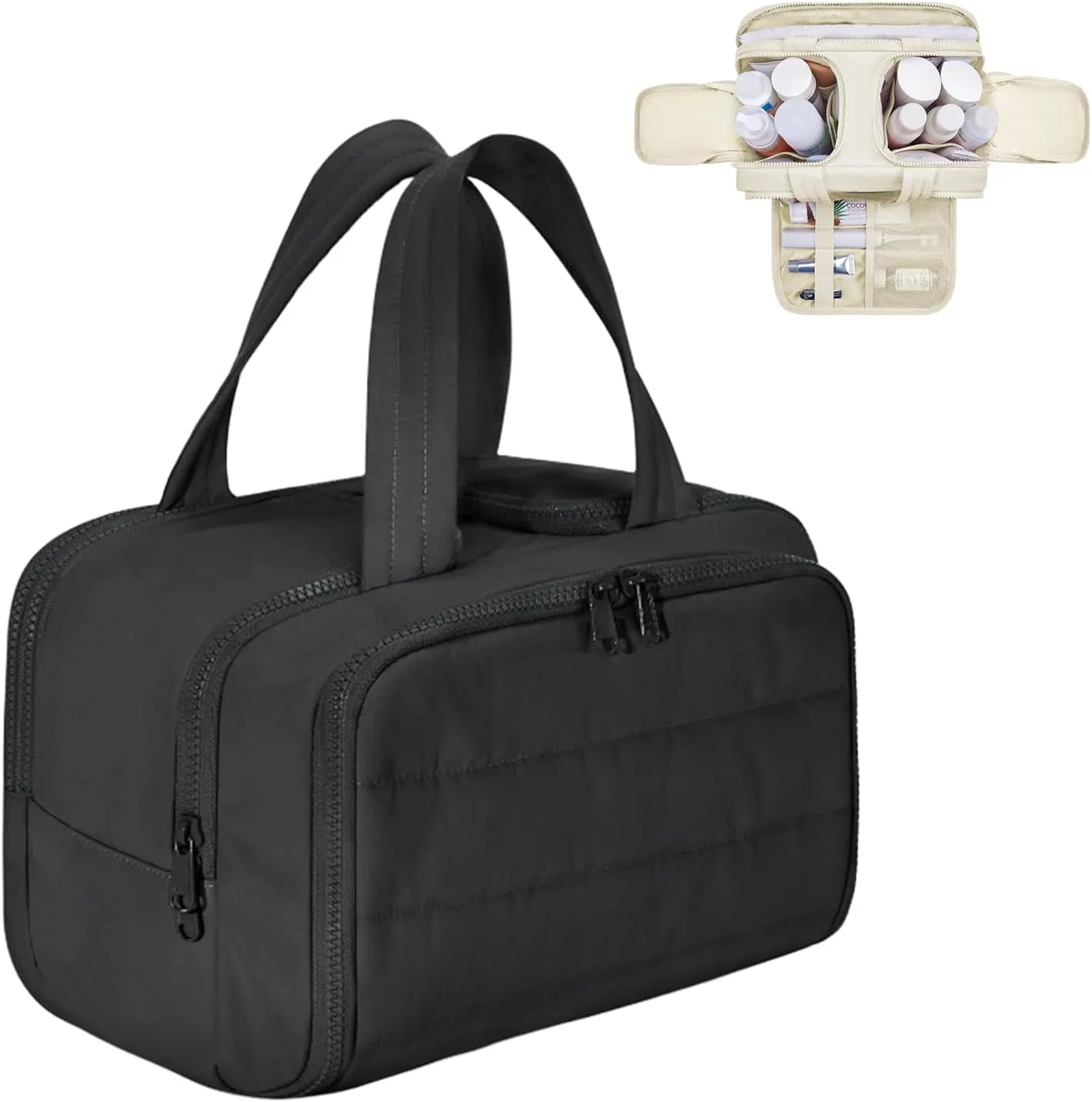 Travel Cosmetic Bag, Lightweight Large Capacity Wide-open Travel Bag for Women, Waterproof Cosmetic Makeup Bag Organizer with Handle for Toiletries, Essentials (Black)